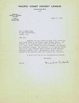 1933 Pacific Coast Hockey League (PCHL) letter signed by Frank Patrick